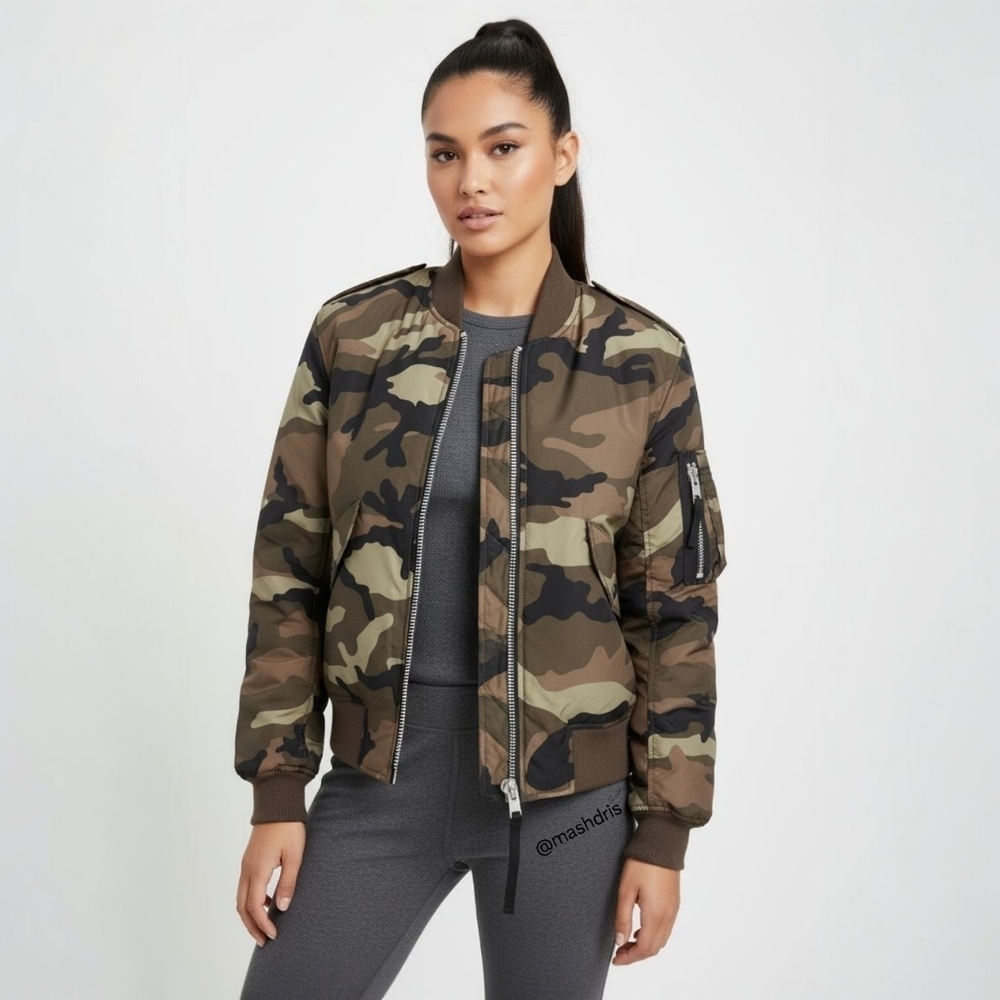 NWT SAM New York Carly Woodland Camo Bomber Flight Jacket S Utility Gorpcore